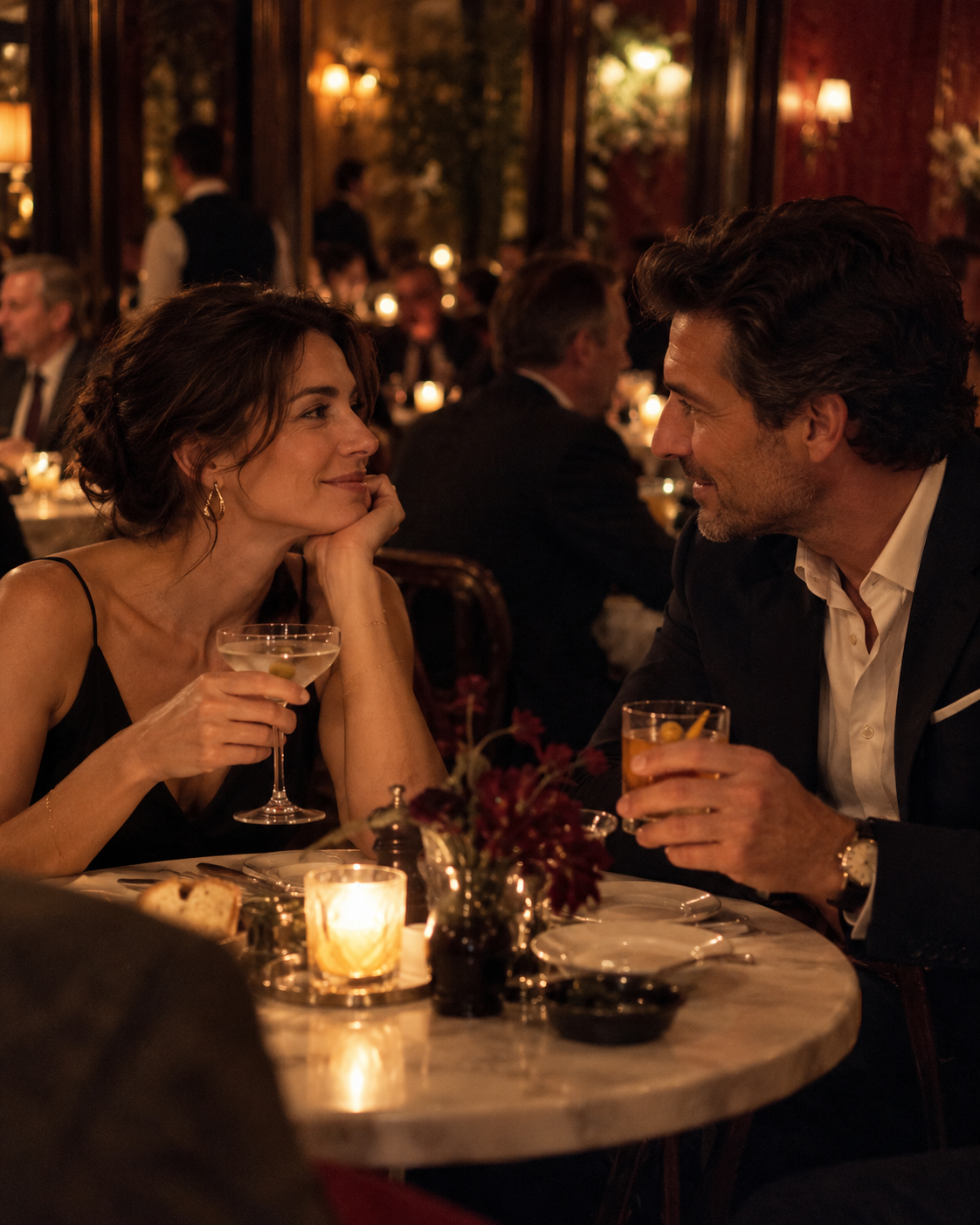 A stylish woman and man enjoying a private conversation over cocktails