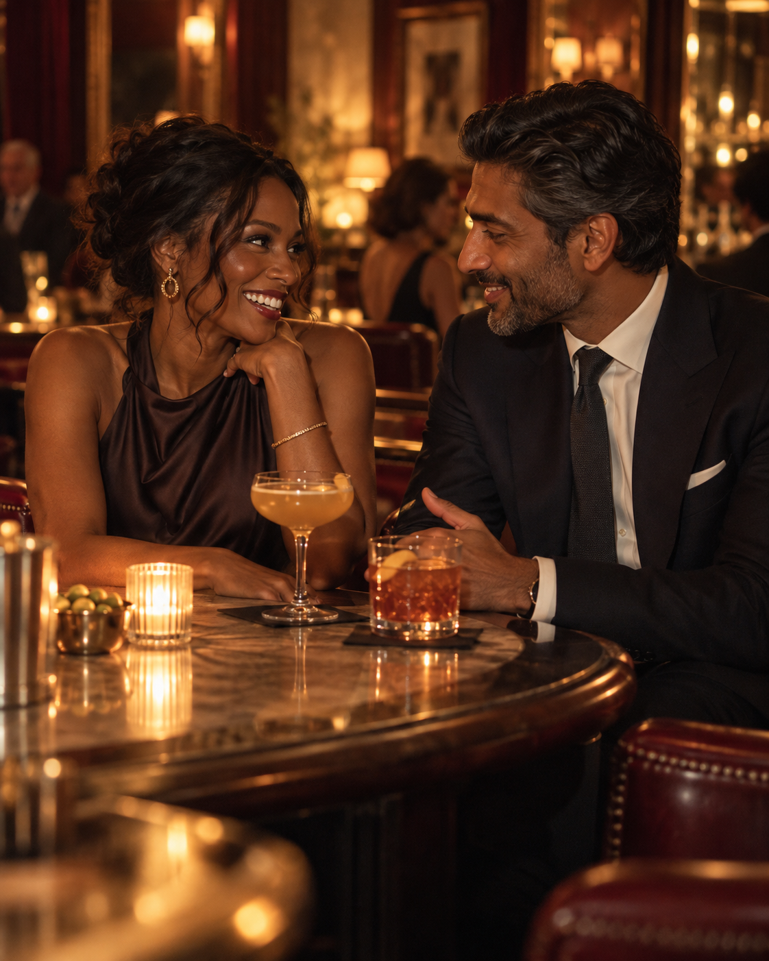 Two accomplished adults sharing a warm moment at an elegant hotel bar