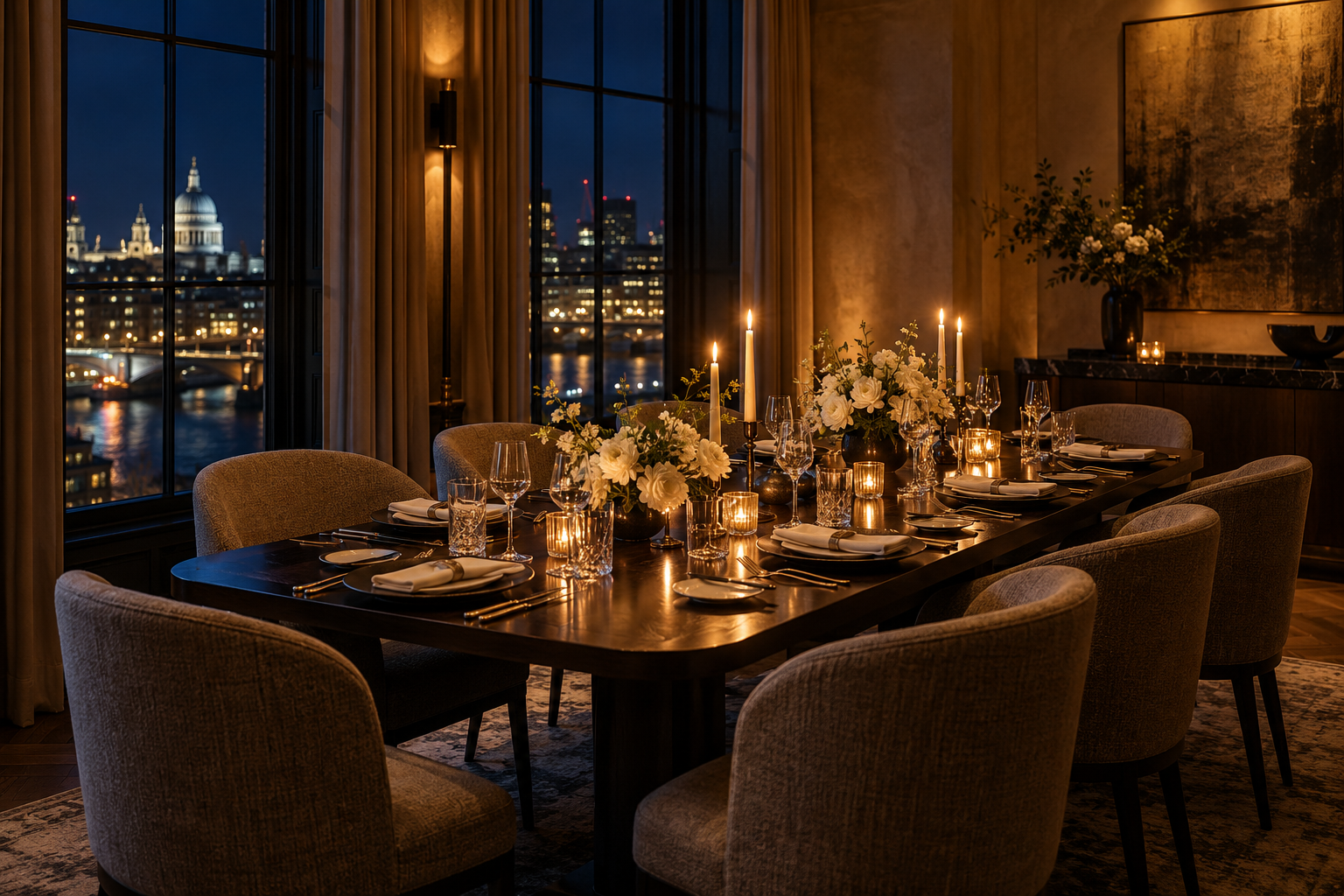 An intimate private dining room prepared for an evening in London