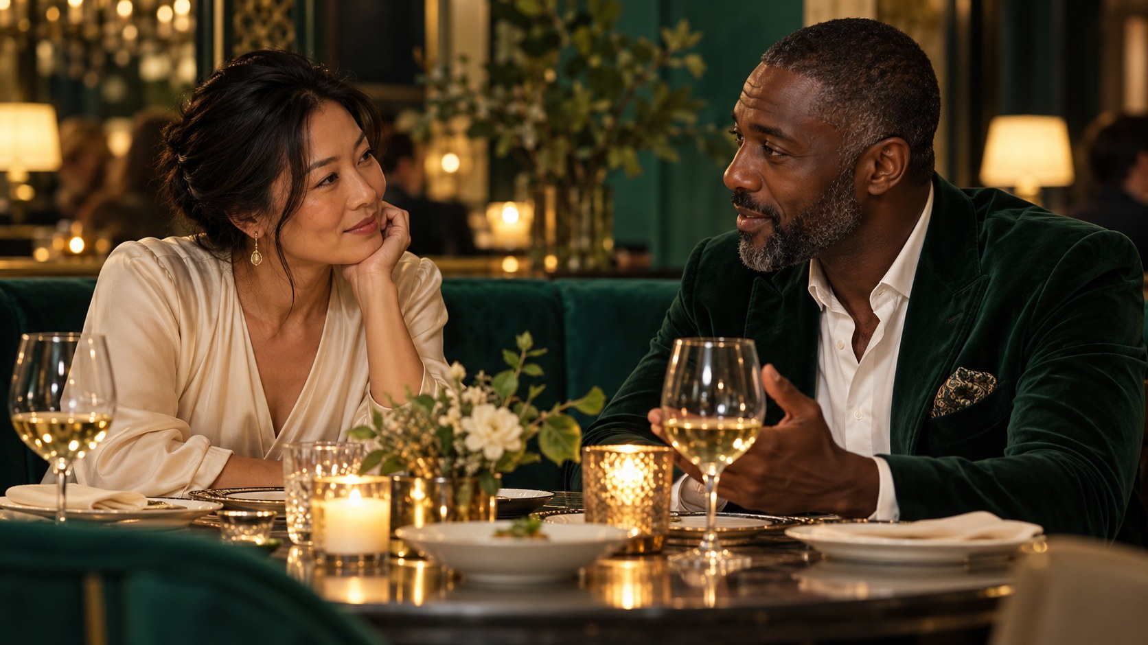Two people sharing an open conversation over dinner