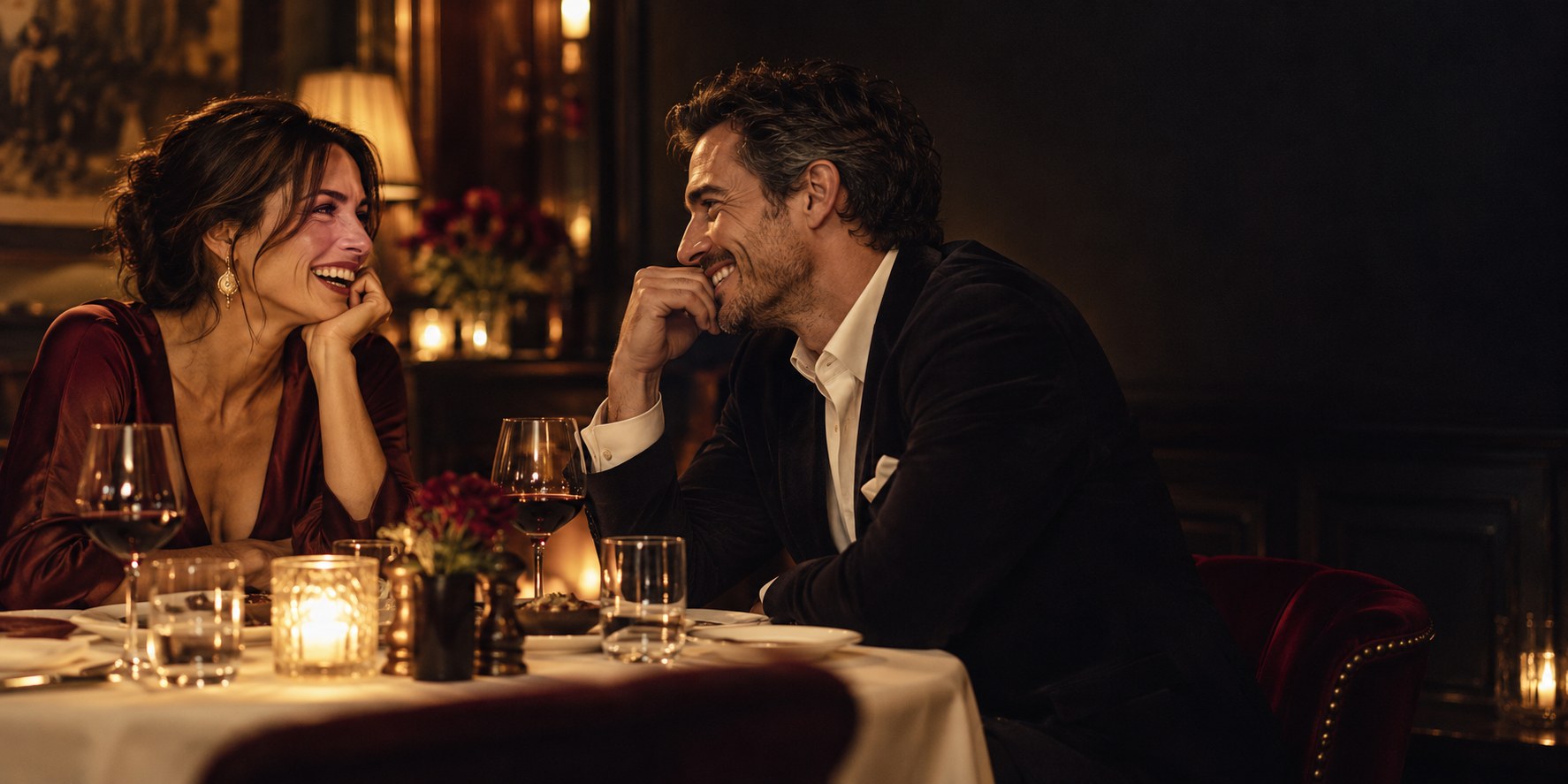 A couple sharing attentive conversation across a beautifully set table in a warm private dining room.