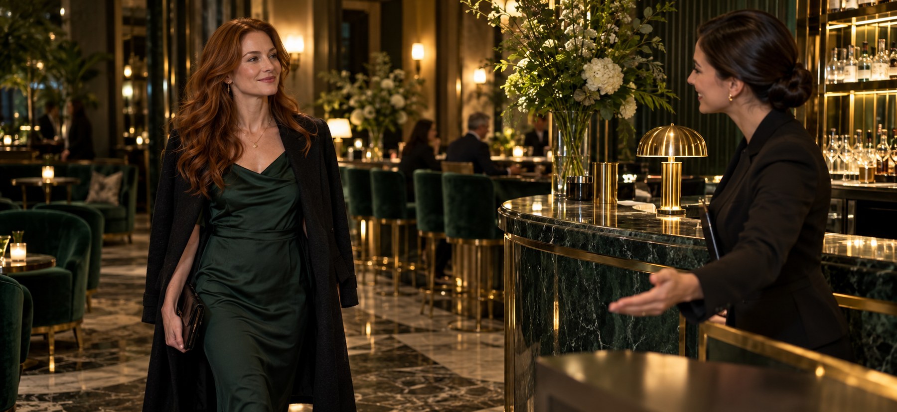 Two guests finding a quiet moment together over dinner
