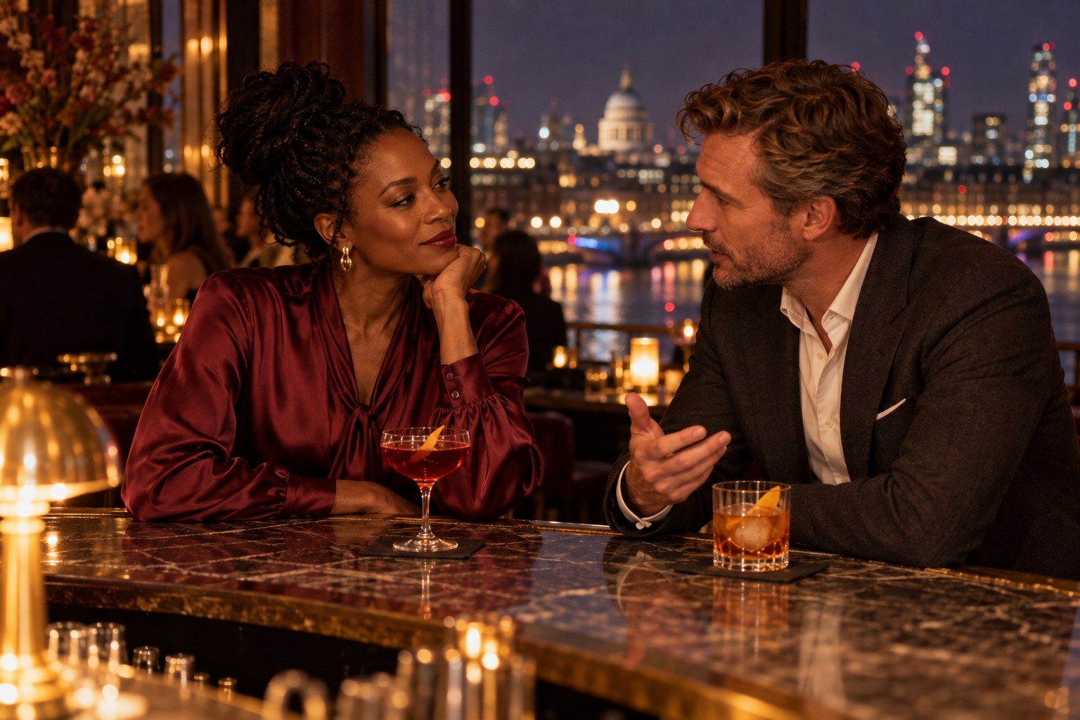 Two accomplished guests sharing an unhurried conversation over drinks at a low-lit London bar.